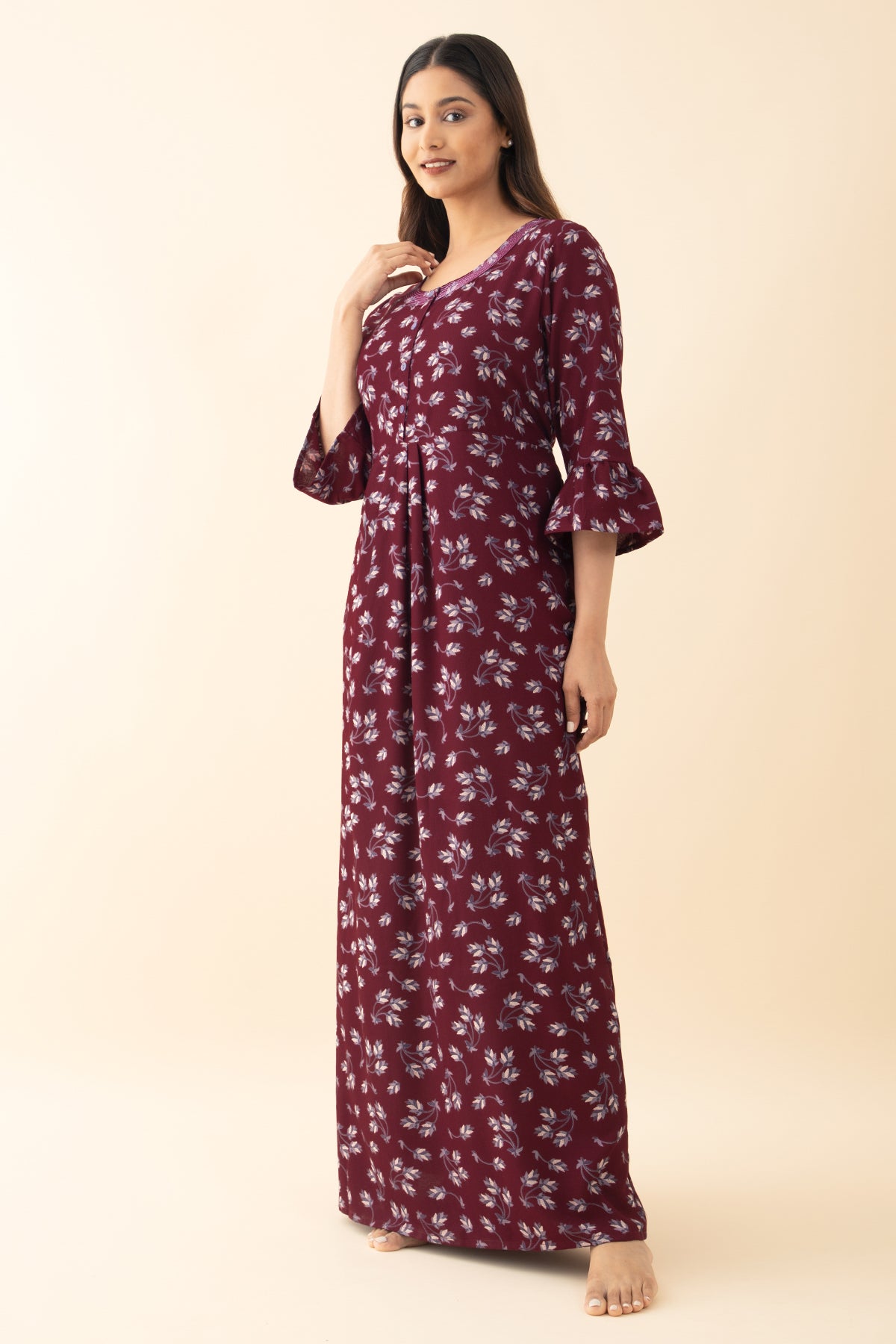 Floral Printed Nighty with Back Tie-up - Maroon