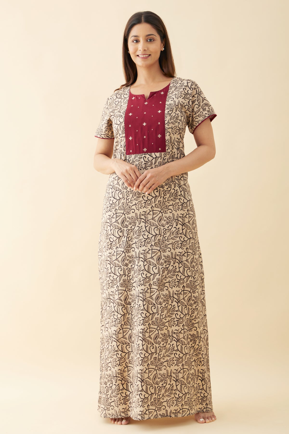 Embroidered Kalamkari Nighty Grey