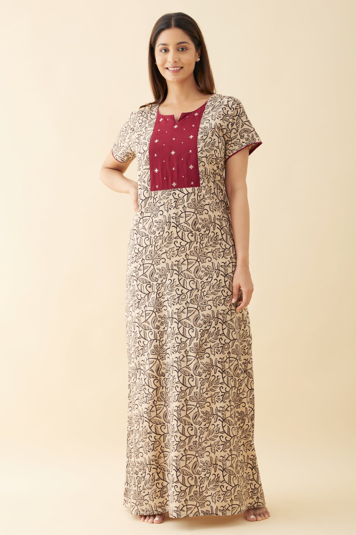 Embroidered Kalamkari Nighty Grey