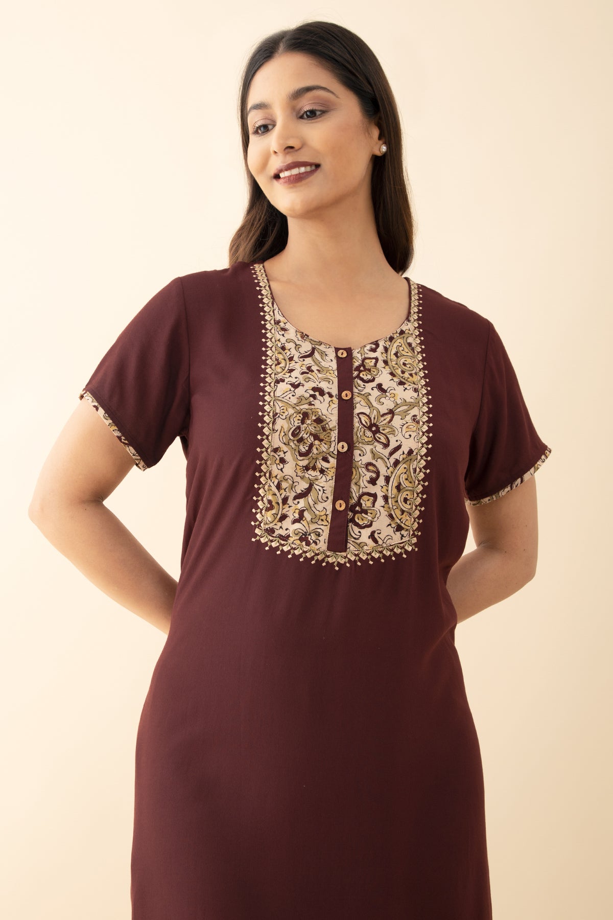 Kalamkari Yoke Patchwork Nighty - Maroon