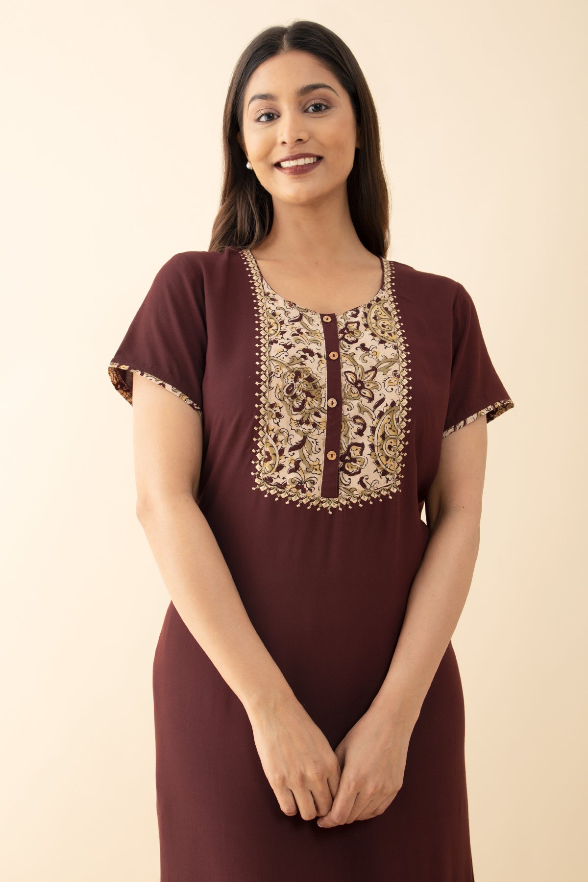 Kalamkari Yoke Patchwork Nighty - Maroon