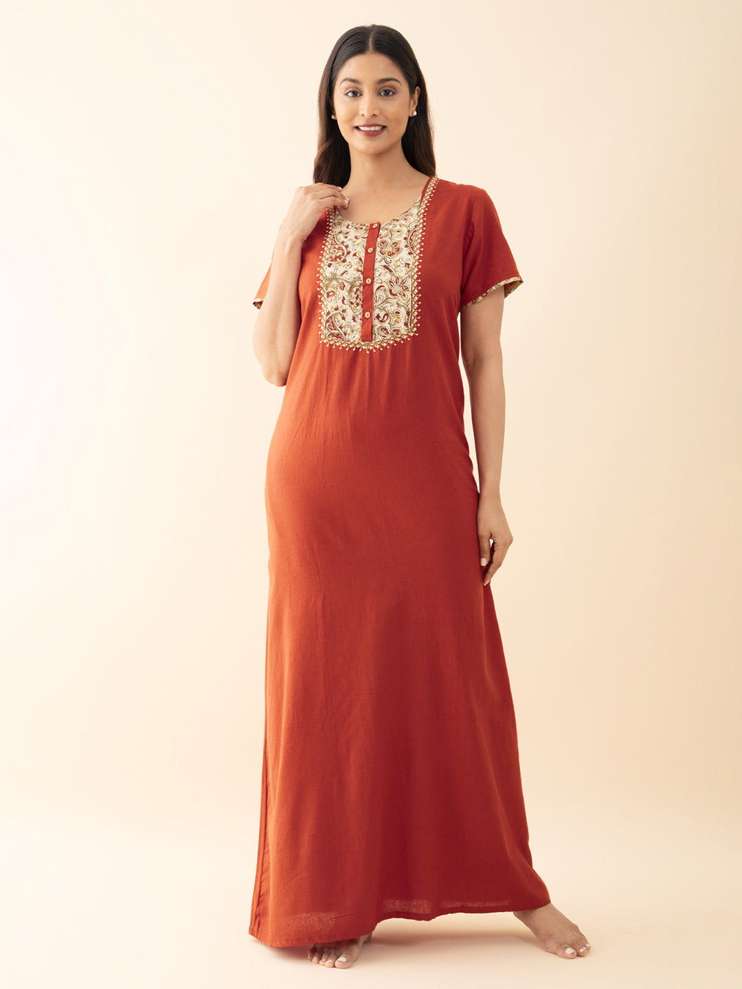 Kalamkari Yoke Patchwork Nighty - Orange