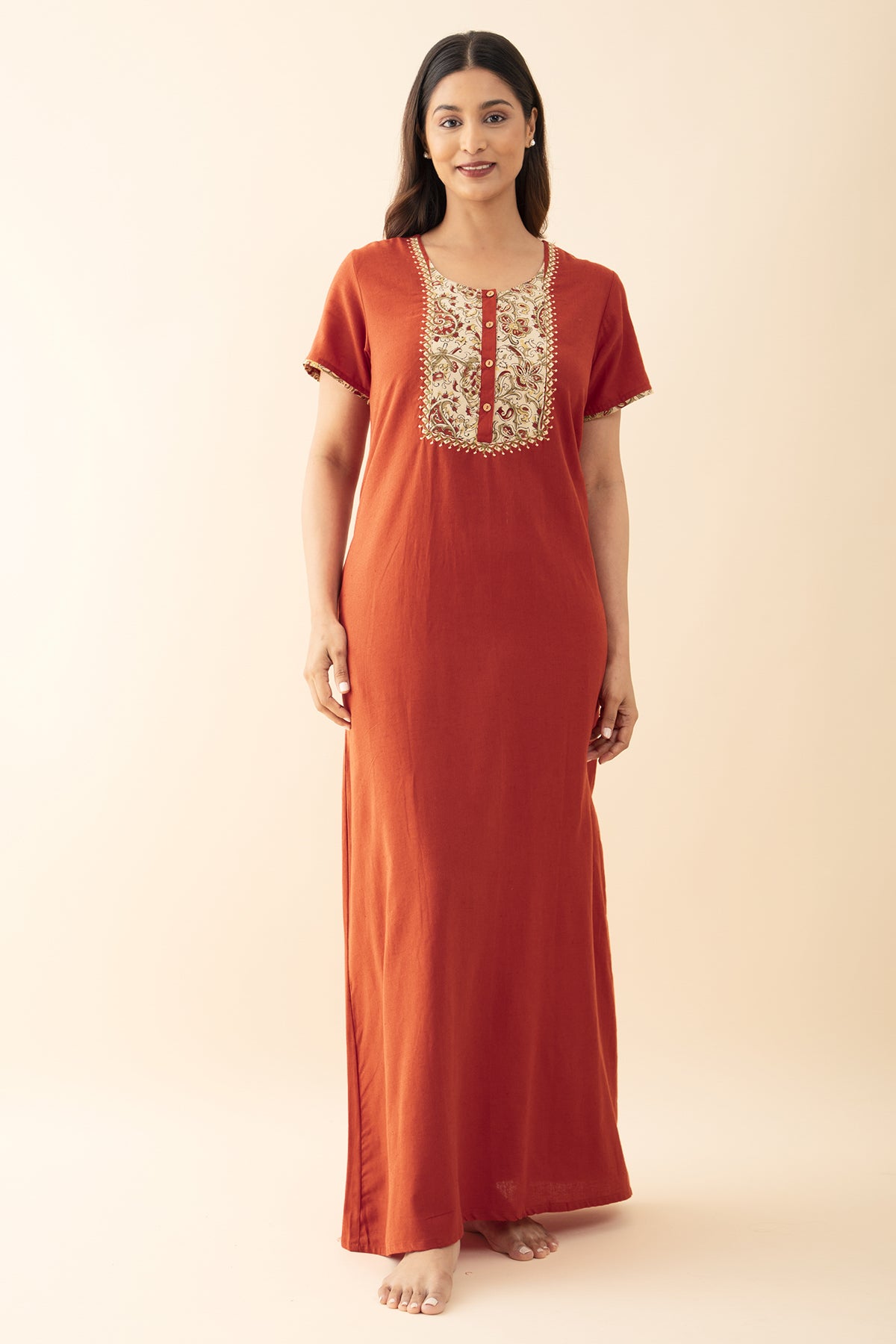 Kalamkari Yoke Patchwork Nighty - Orange