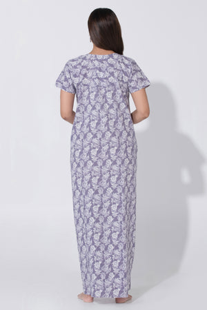 Purple Printed Nighty with Paisley Lace Yoke Design