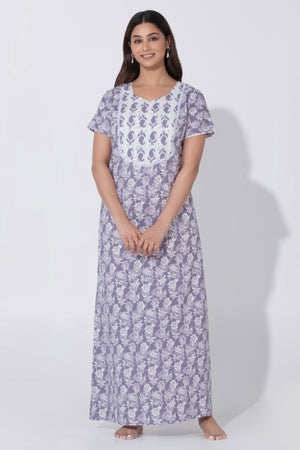 Purple Printed Nighty with Paisley Lace Yoke Design