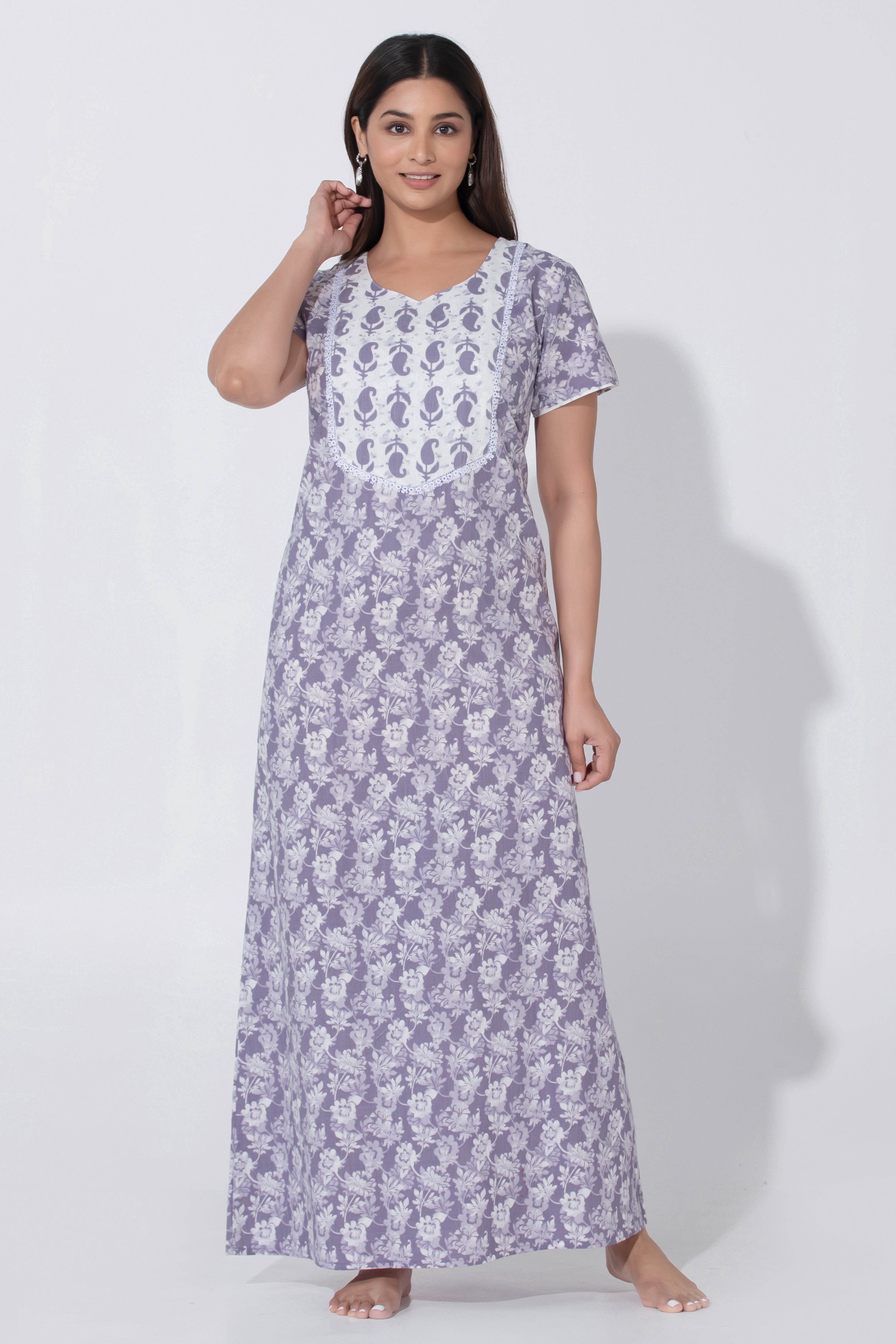 Purple Printed Nighty with Paisley Lace Yoke Design