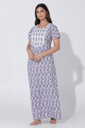 Purple Printed Nighty with Paisley Lace Yoke Design