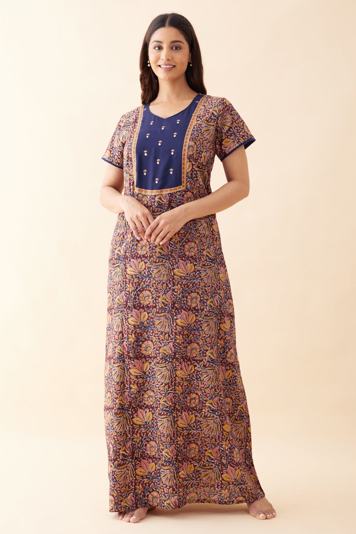 Kalamkari Embroidered Nighty - Maroon