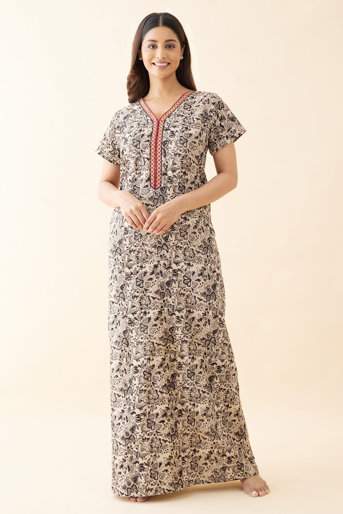 Kalamkari Embroidered Nighty - Black