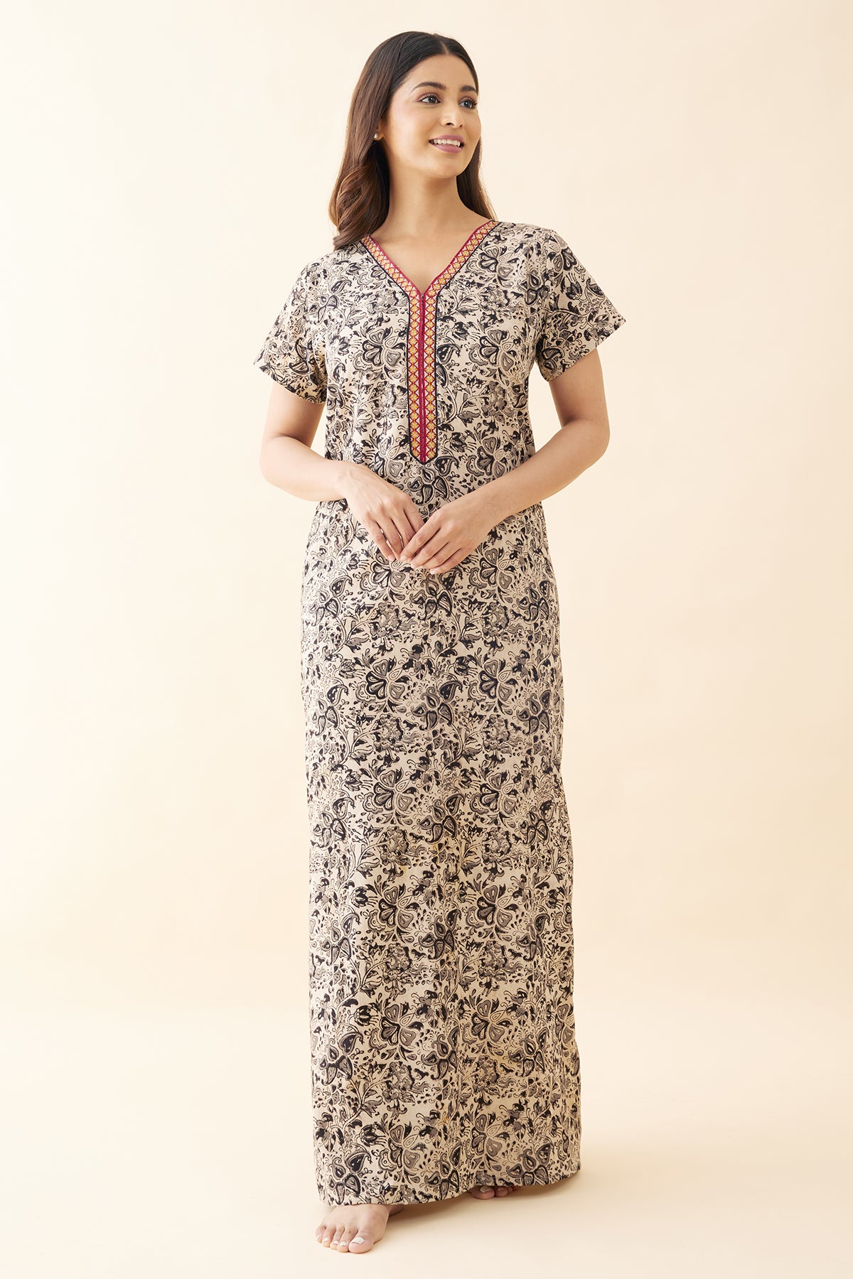 Kalamkari Embroidered Nighty - Black