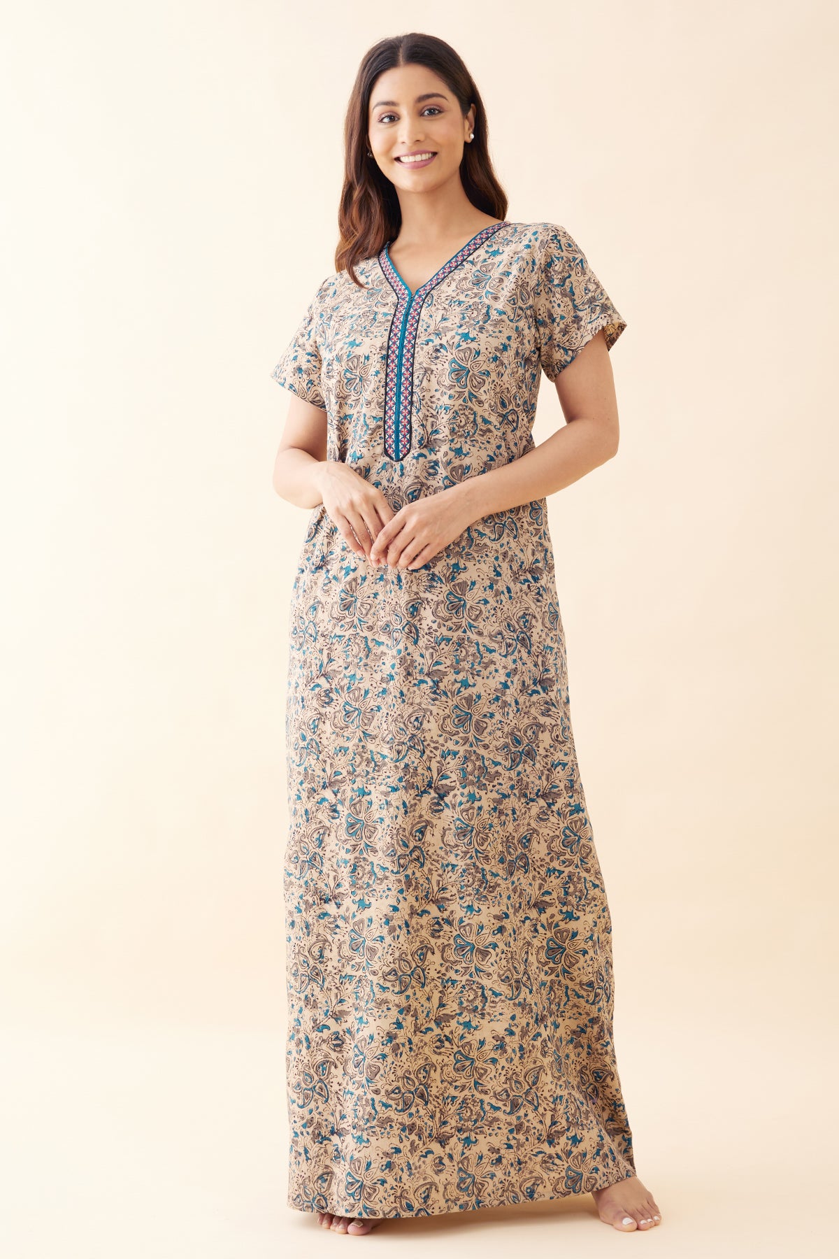 Kalamkari Embroidered Nighty - Blue