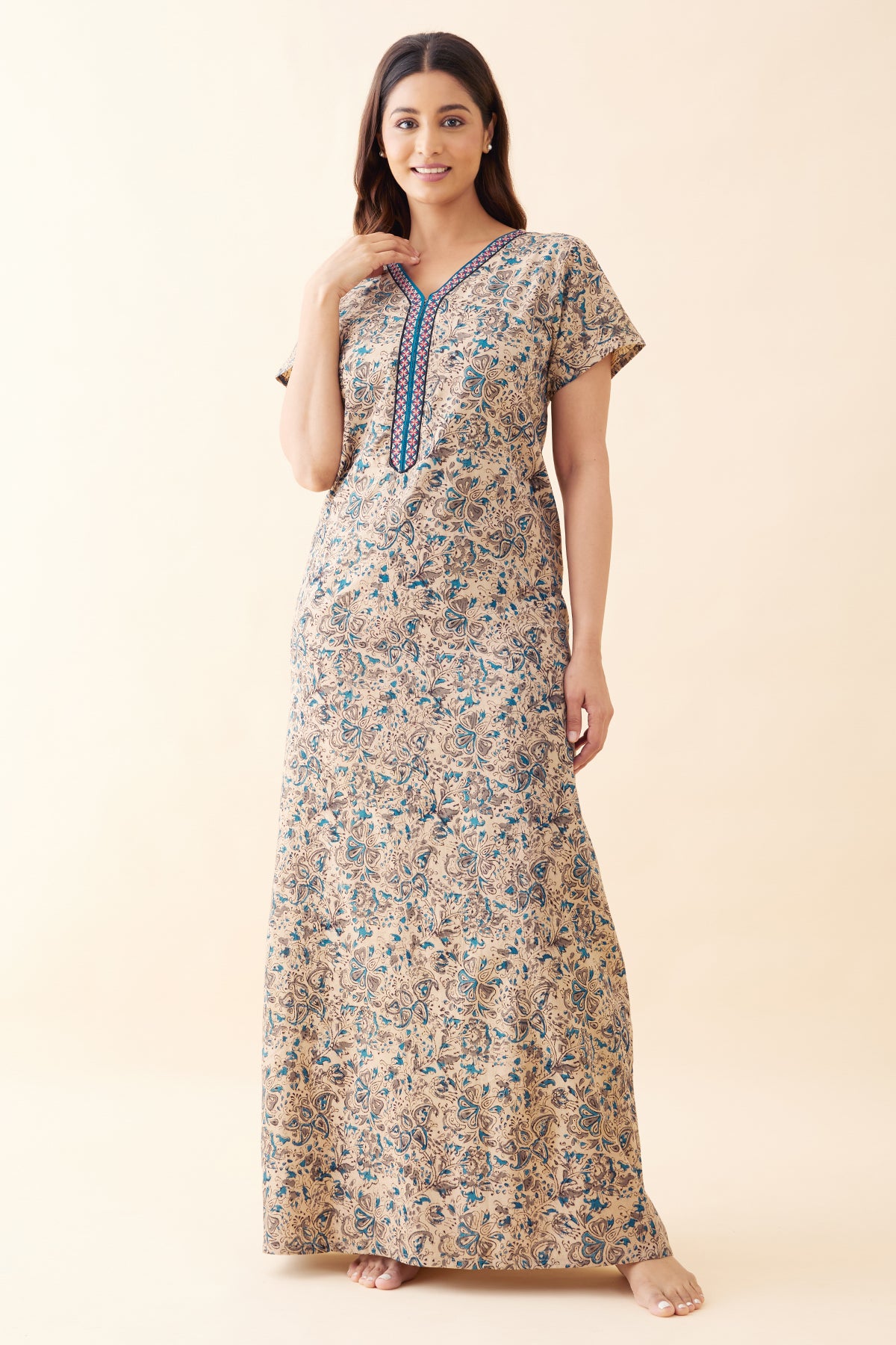 Kalamkari Embroidered Nighty - Blue