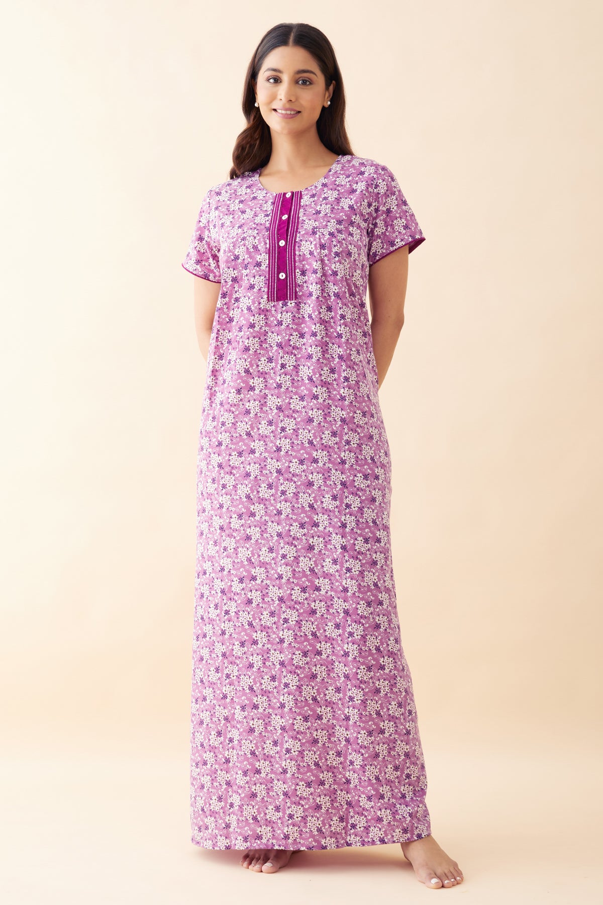 Ditsy Floral Printed Nighty - Purple