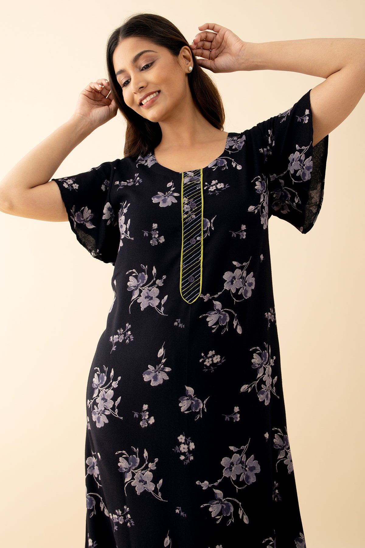 Abstract Floral Printed Nighty - Black