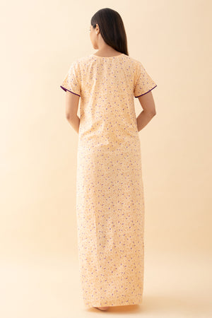 Floral Printed Nighty with Contrast Yoke - Peach