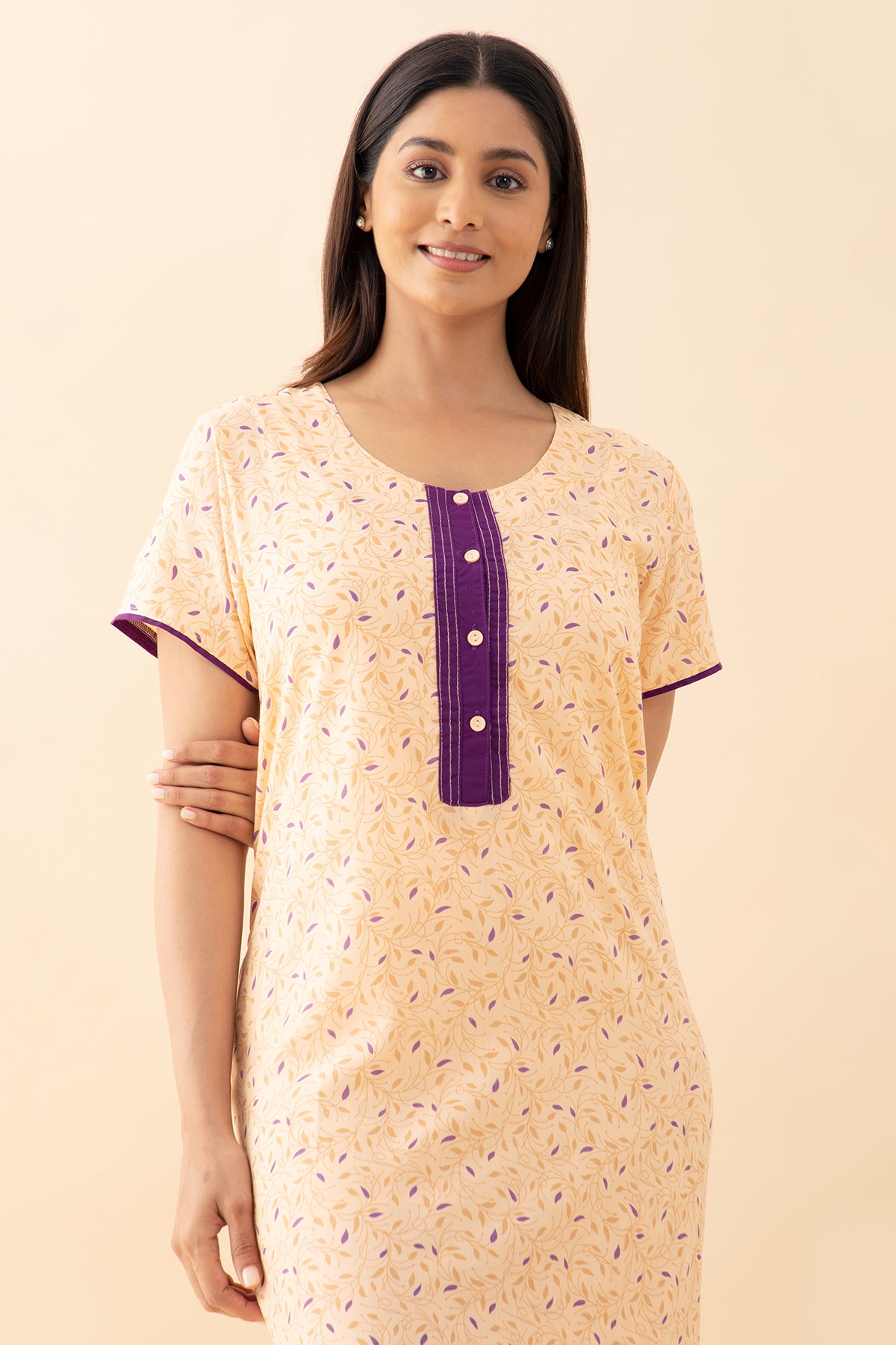 Floral Printed Nighty with Contrast Yoke - Peach