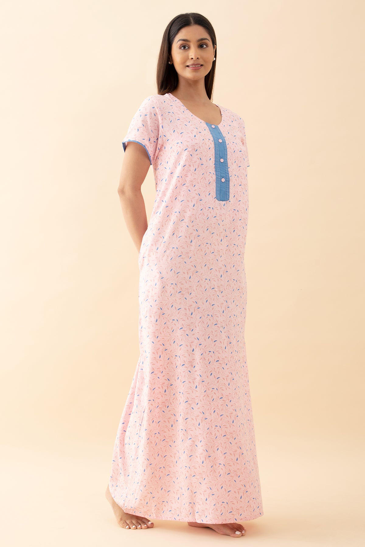 Floral Printed Nighty with Contrast Yoke - Pink