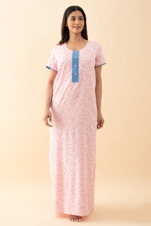 Floral Printed Nighty with Contrast Yoke - Pink