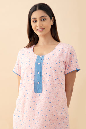 Floral Printed Nighty with Contrast Yoke - Pink