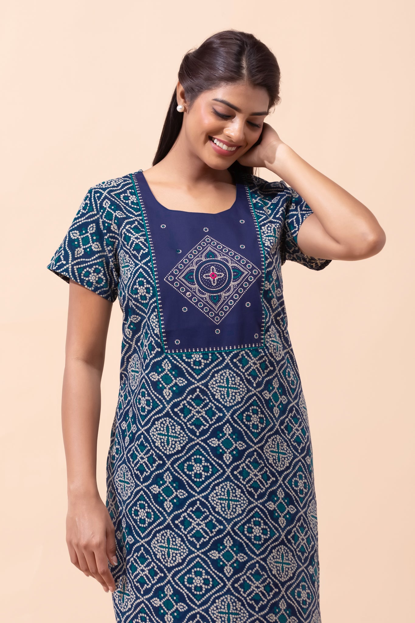 Navy Blue Bandhani Printed Cotton Nightwear