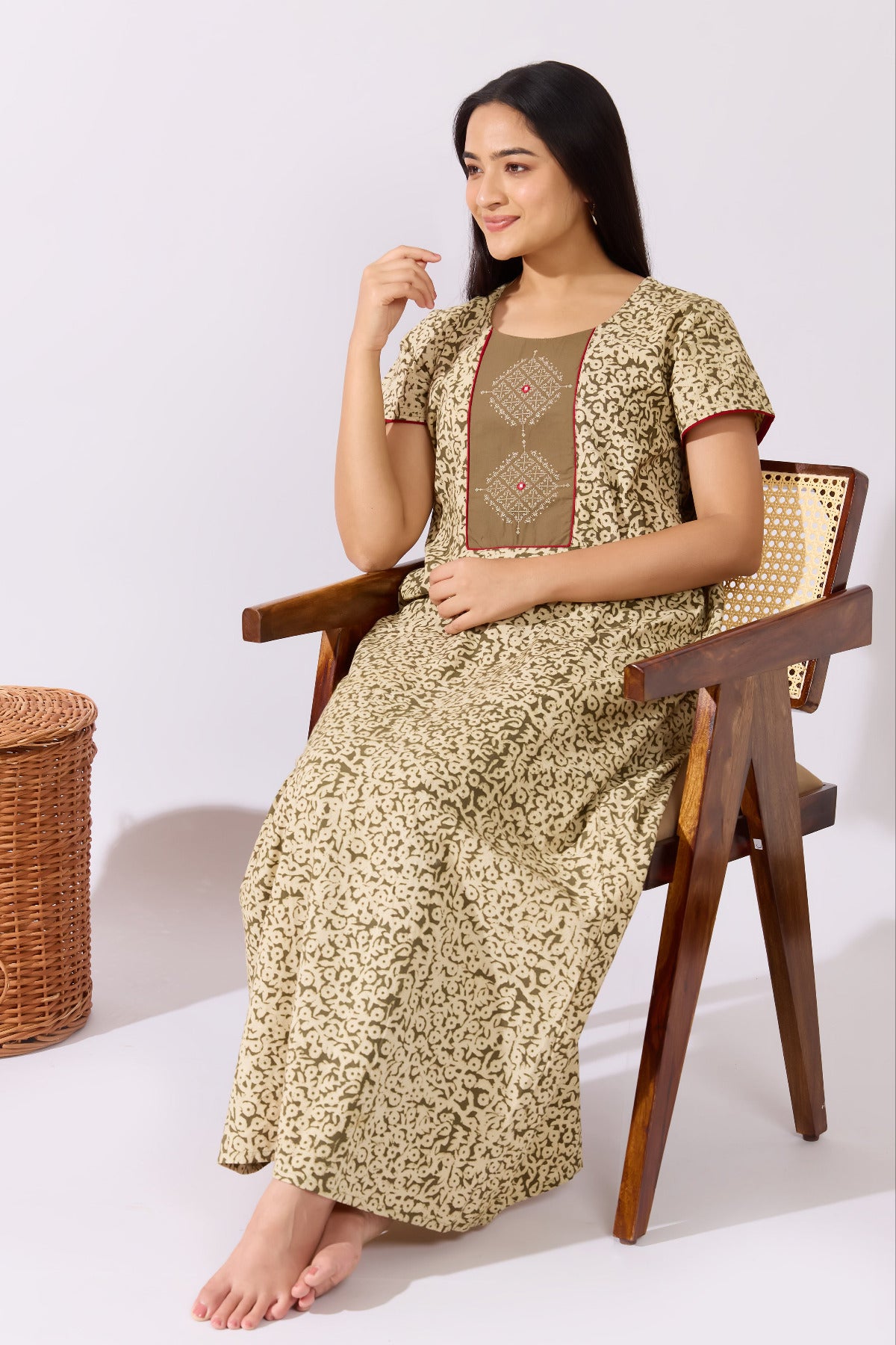 Green Kalamkari Nighty with Kolam Cross Stitch Embroidered Yoke