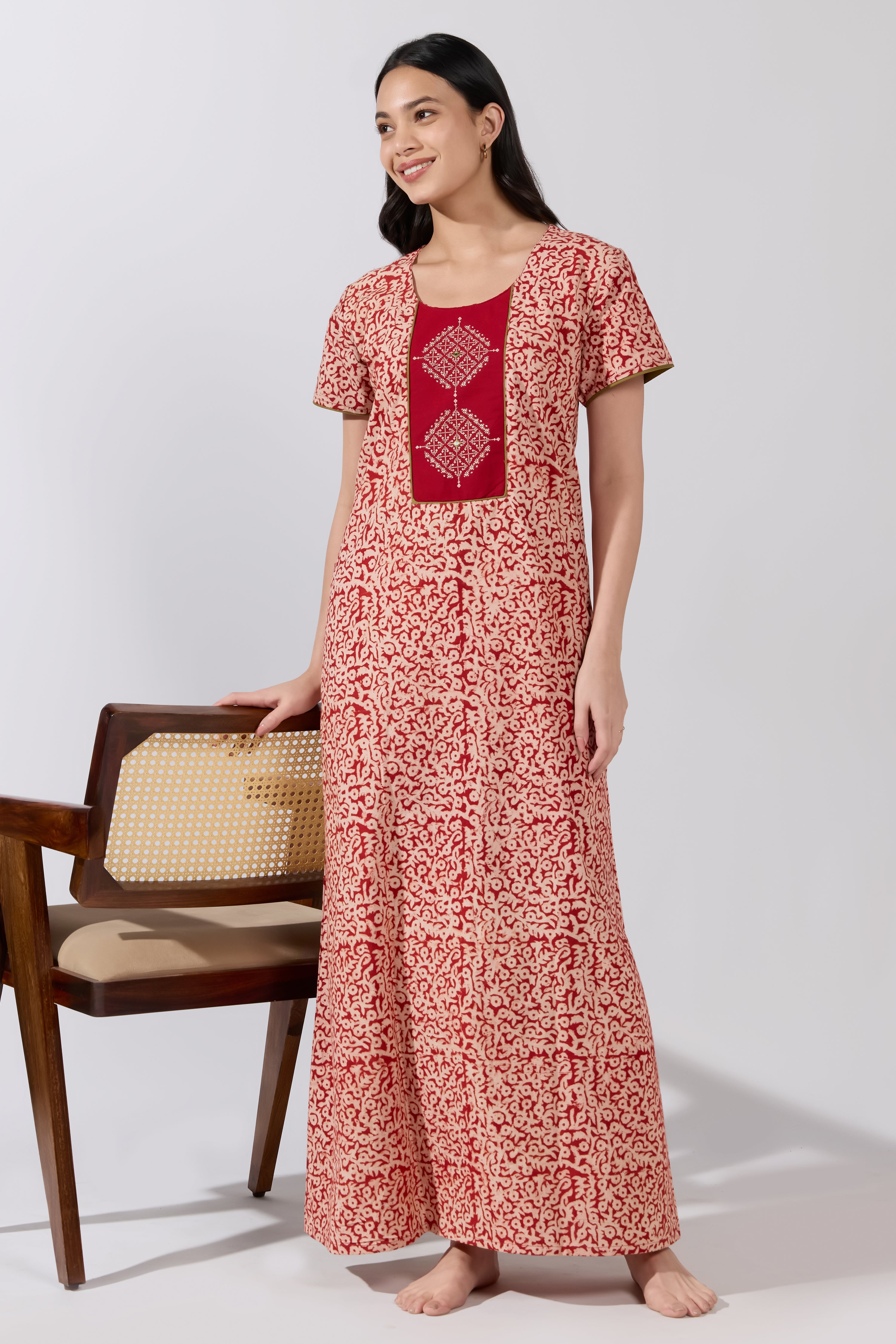 Red Kalamkari Nighty with Kolam Cross Stitch Embroidered Yoke
