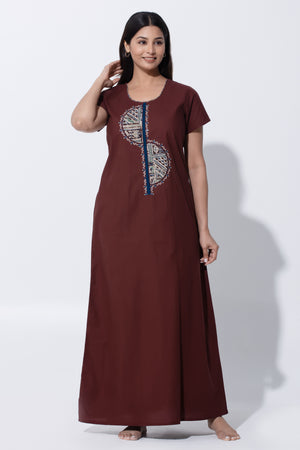 Brown Kalamkari Pure Cotton Nightwear with Embroidery & Foil Mirror Work