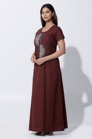 Brown Kalamkari Pure Cotton Nightwear with Embroidery & Foil Mirror Work