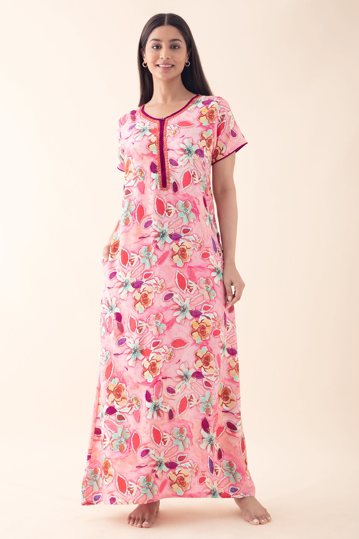 Abstract Floral Printed Nighty - Pink