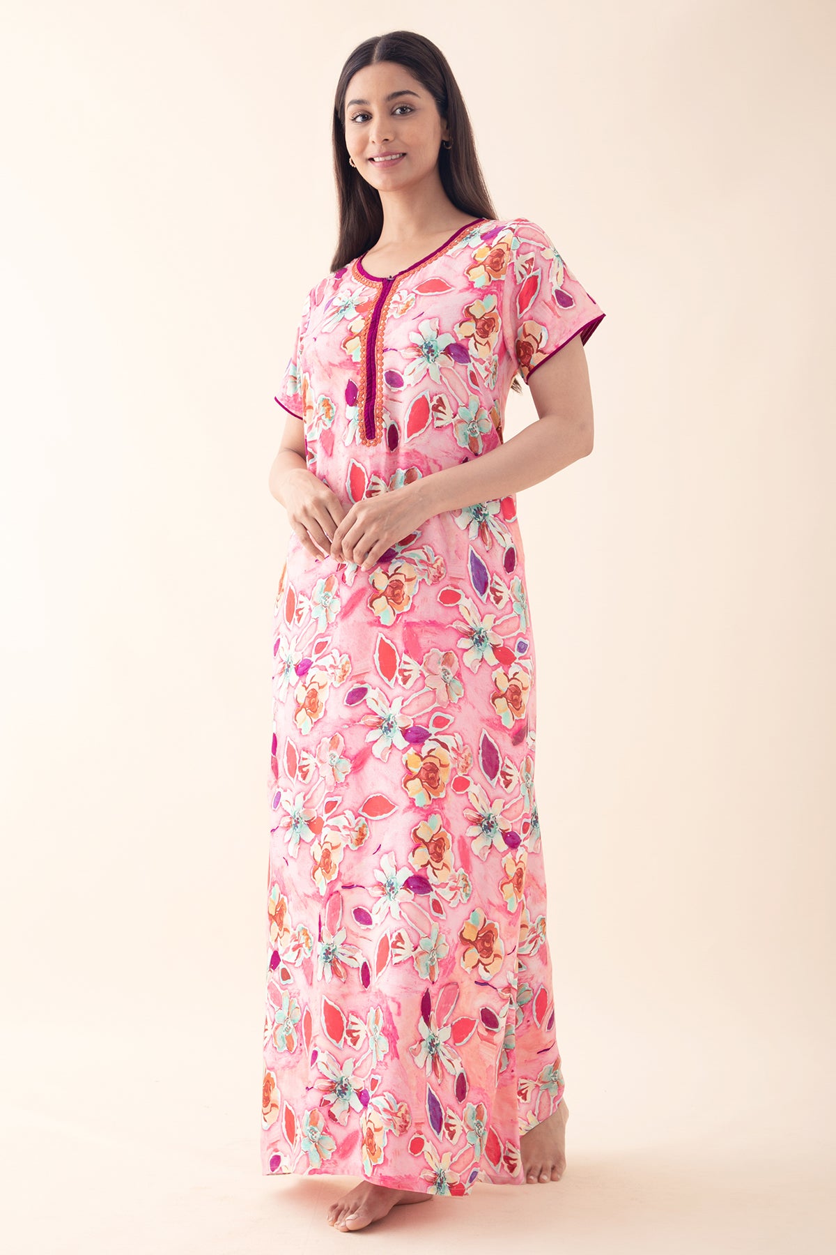 Abstract Floral Printed Nighty - Pink