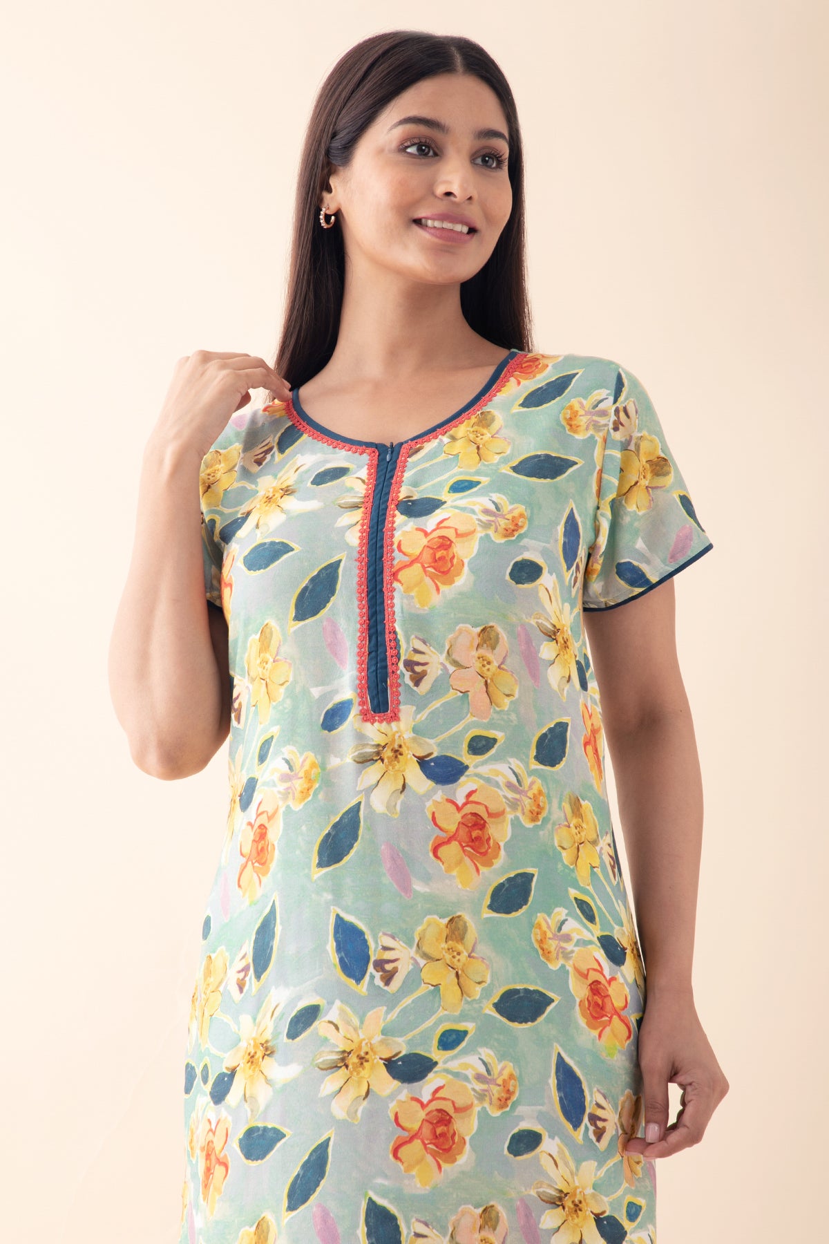 Abstract Floral Printed Nighty - Mist Grey