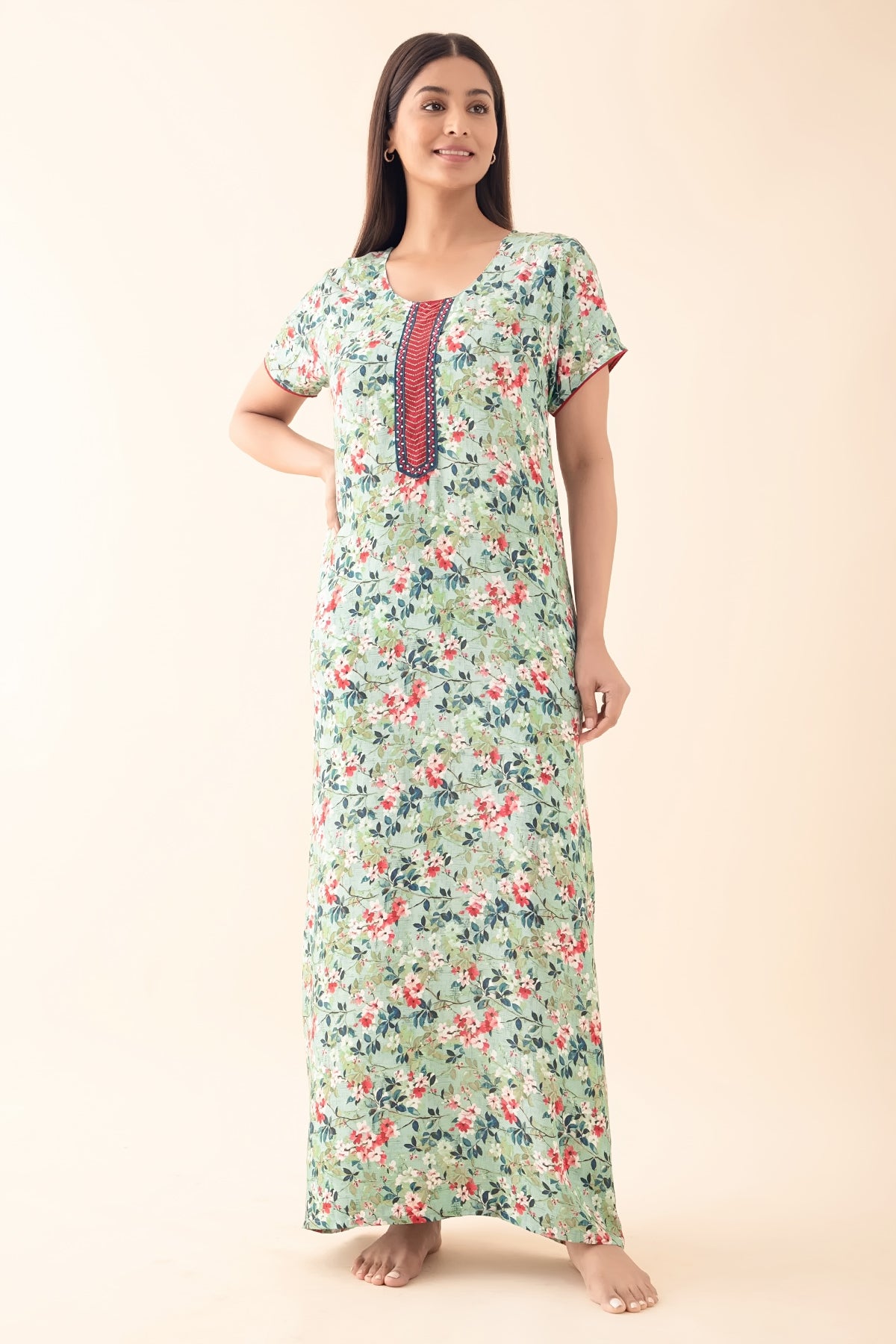 Floral Printed Nighty - Teal Green