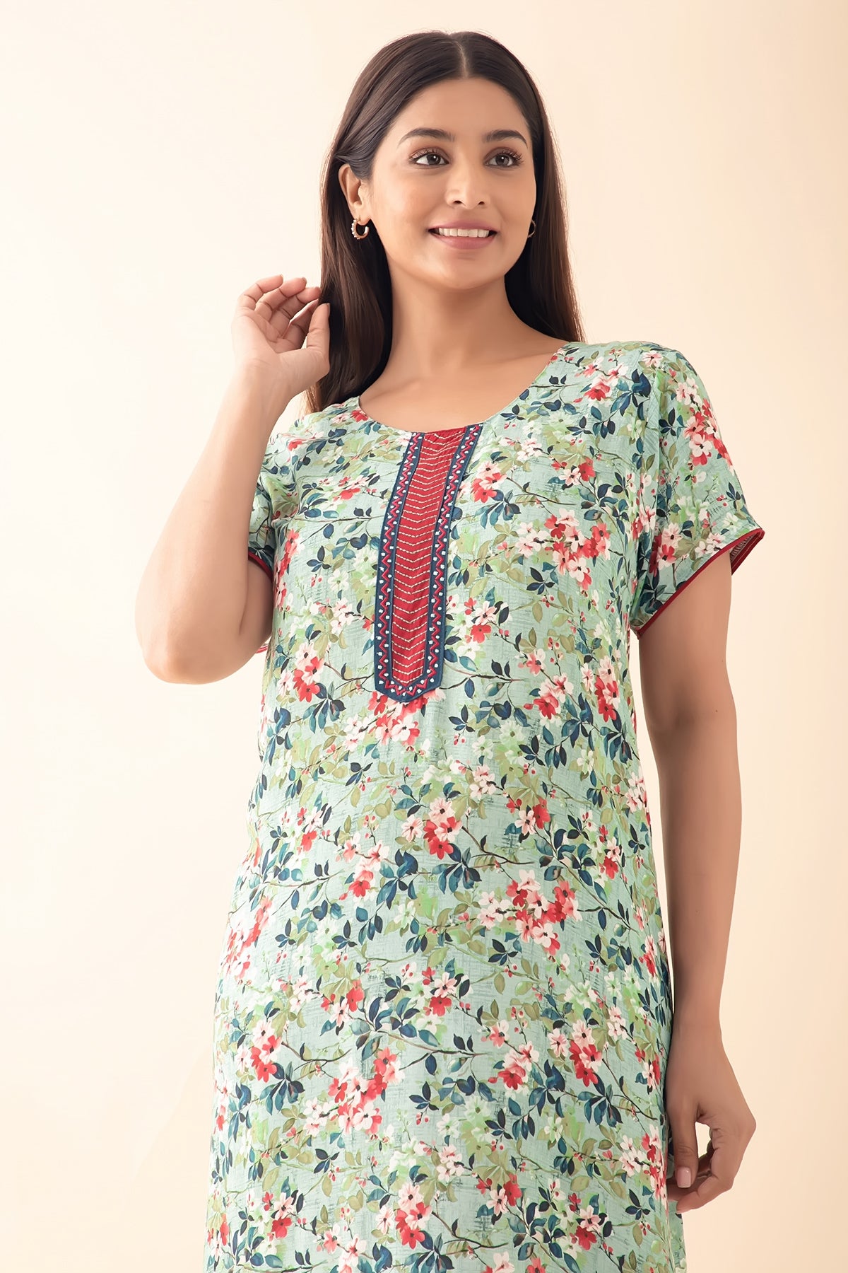 Floral Printed Nighty - Teal Green