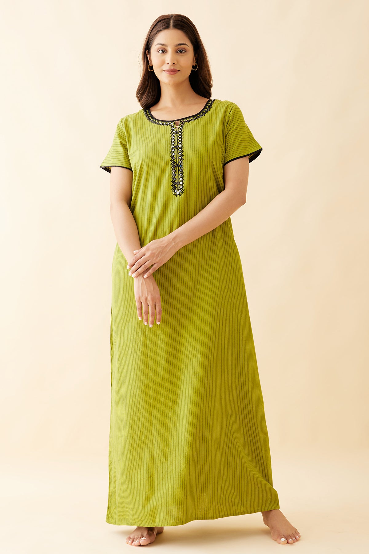 Allover Striped Nighty With Geometric Embroidery & Foil Mirror Embellished Yoke - Green