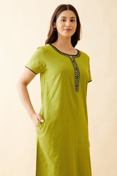 Allover Striped Nighty With Geometric Embroidery & Foil Mirror Embellished Yoke - Green