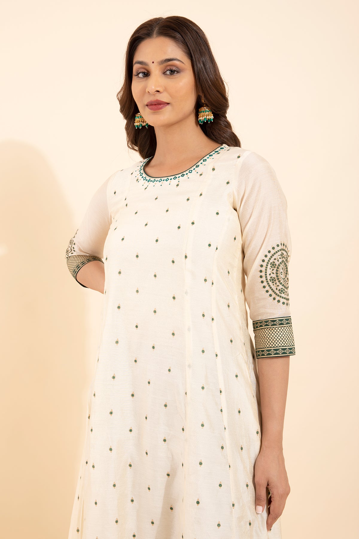 Jewel Inspired Printed With Geometric Embroidered Kurta Green