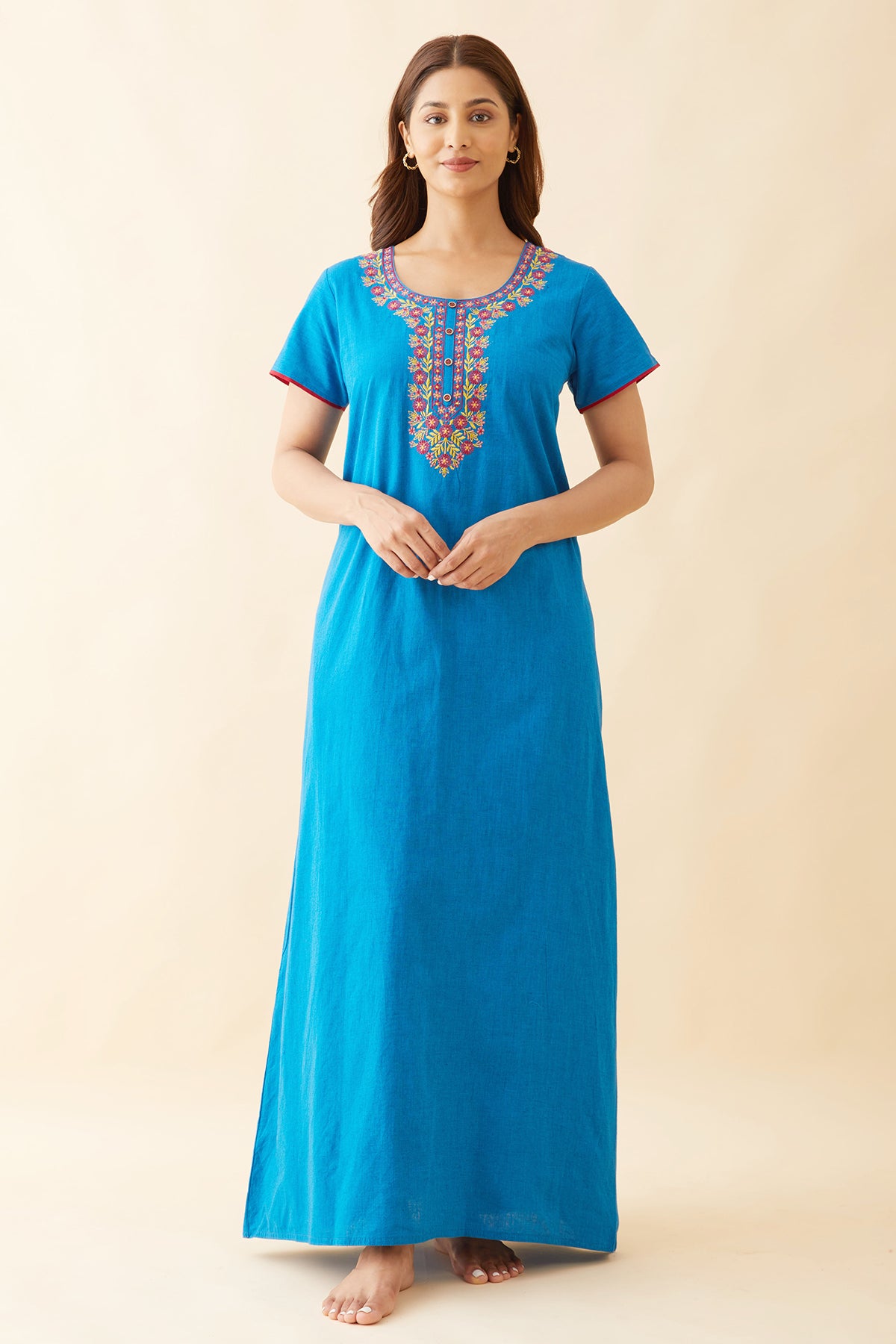 Contrast Floral Embroidered Yoke Nighty - Blue