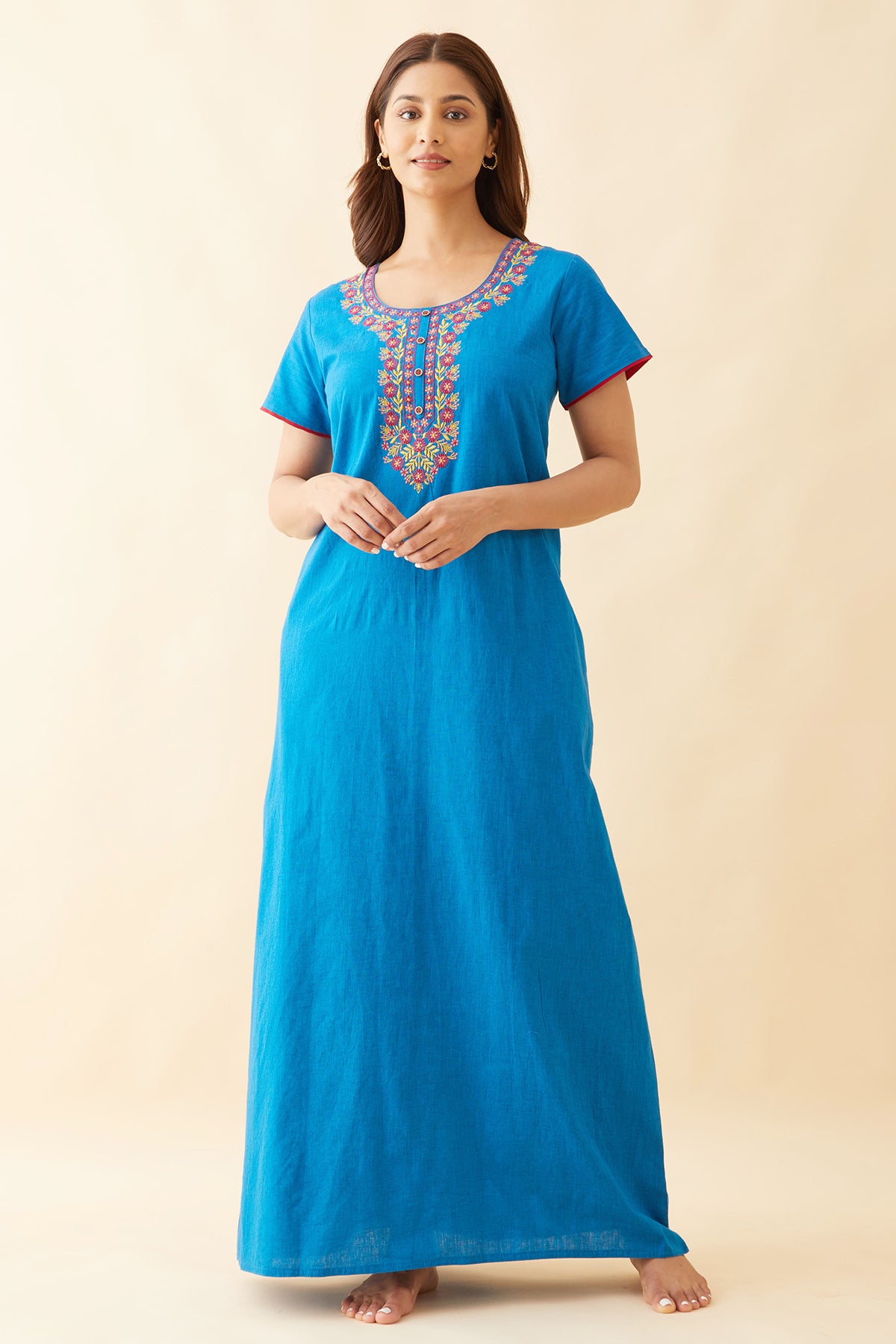 Contrast Floral Embroidered Yoke Nighty - Blue