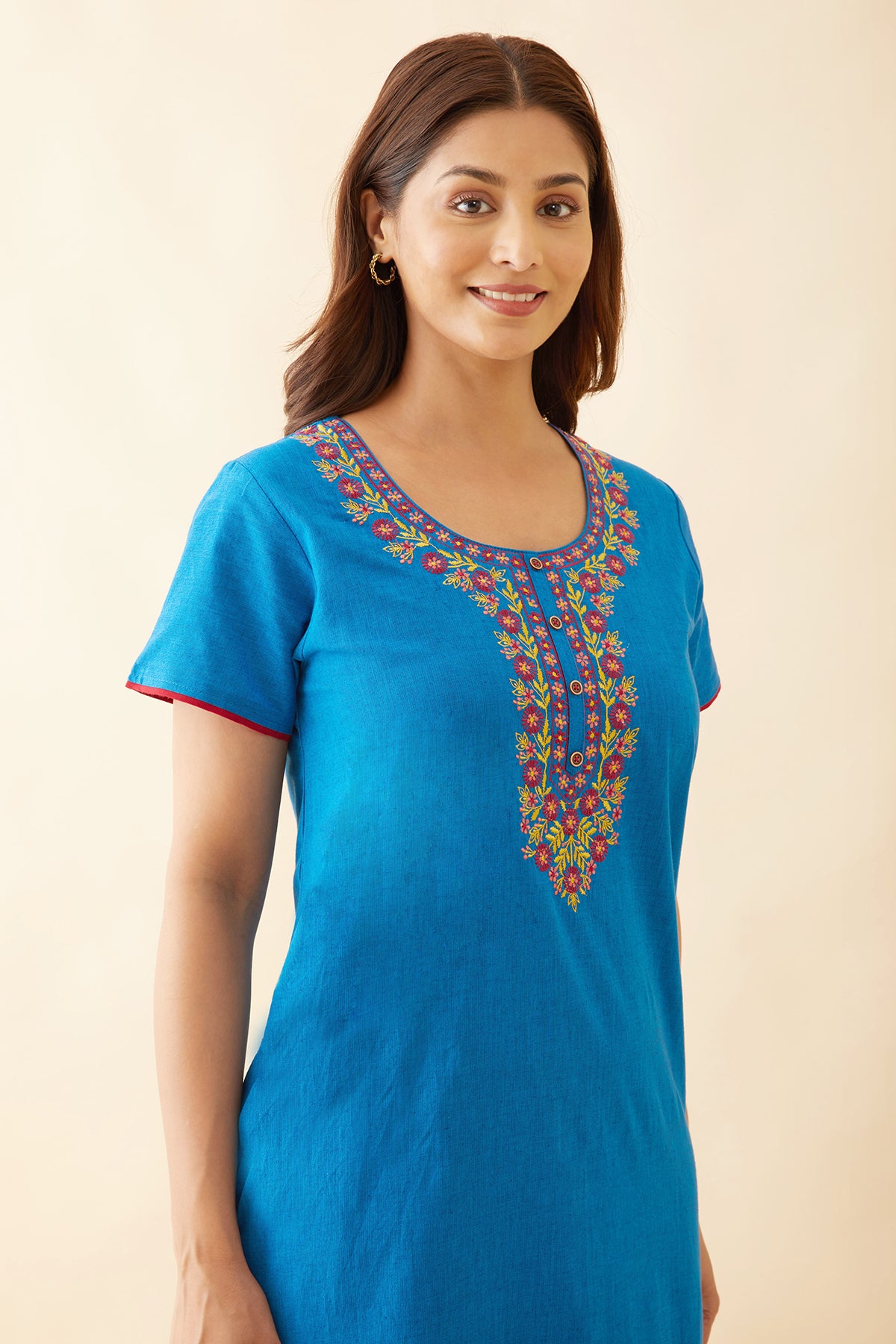 Contrast Floral Embroidered Yoke Nighty - Blue