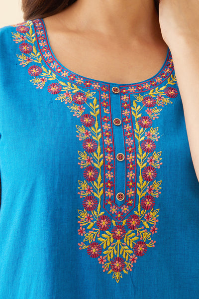Contrast Floral Embroidered Yoke Nighty - Blue