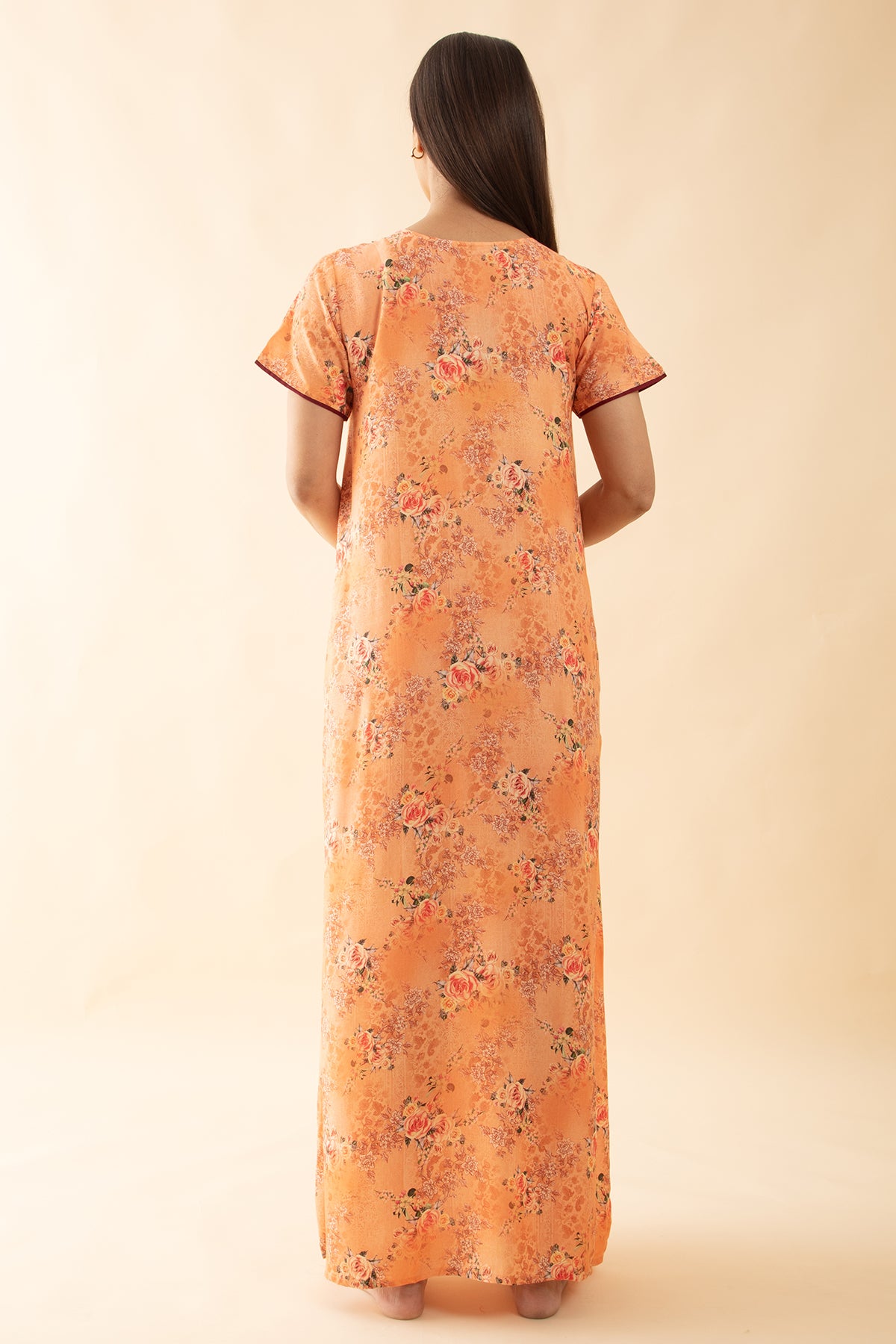 Floral Printed Lace Embellished Nighty - Peach