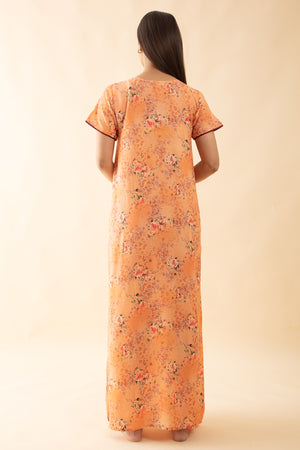 Floral Printed Lace Embellished Nighty - Peach