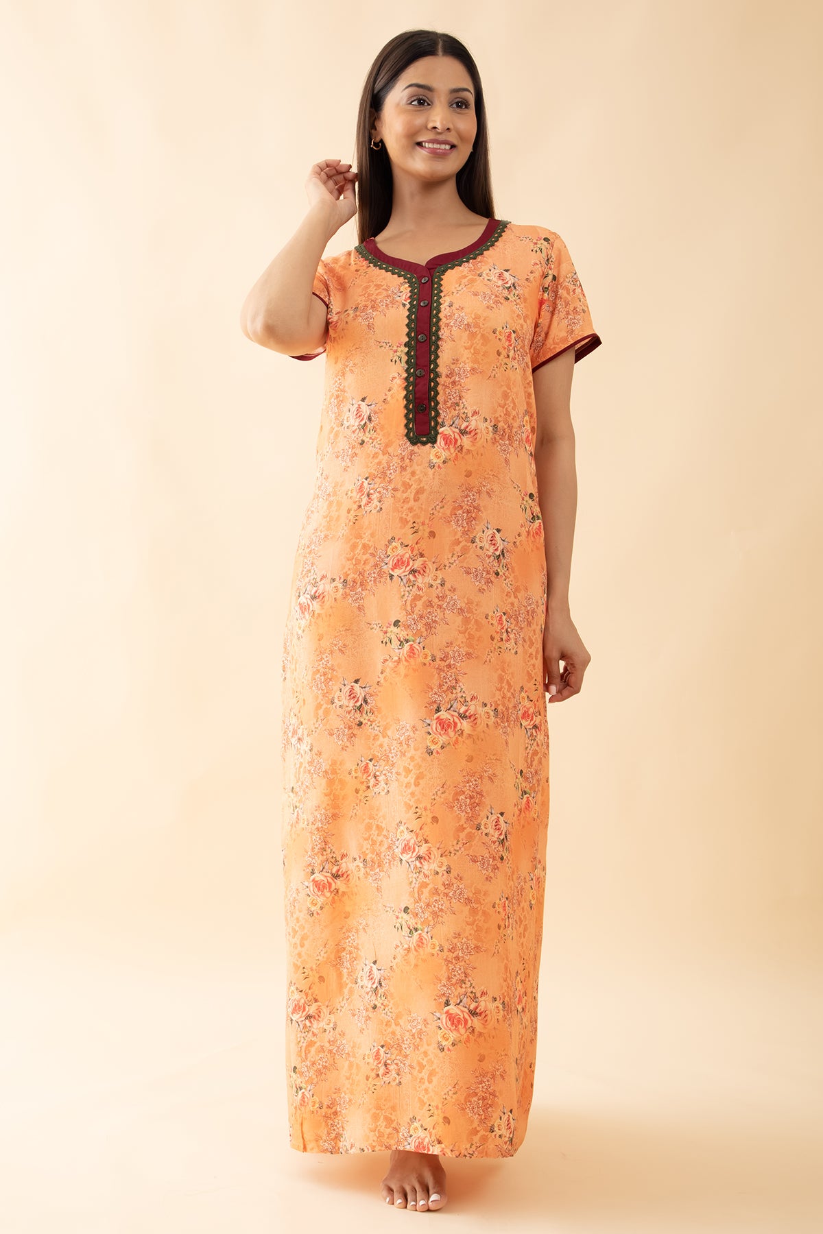 Floral Printed Lace Embellished Nighty - Peach