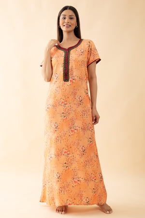 Floral Printed Lace Embellished Nighty - Peach