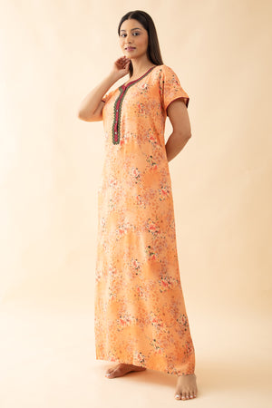 Floral Printed Lace Embellished Nighty - Peach