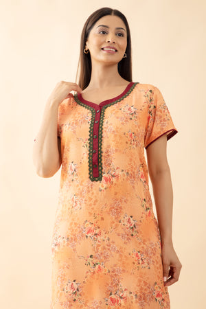 Floral Printed Lace Embellished Nighty - Peach