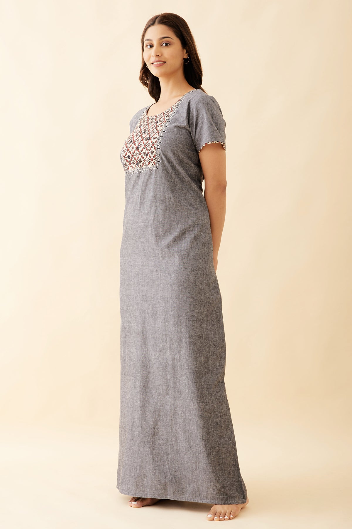 Floral Embroidered & Printed With Foil Mirror Embellished Yoke Nighty - Grey
