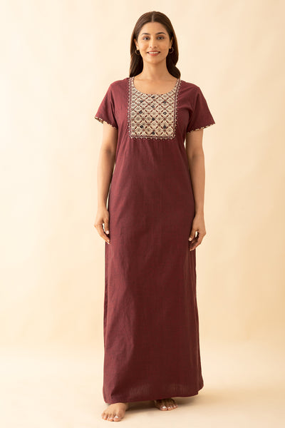 Floral Embroidered & Printed With Foil Mirror Embellished Yoke Nighty - Maroon