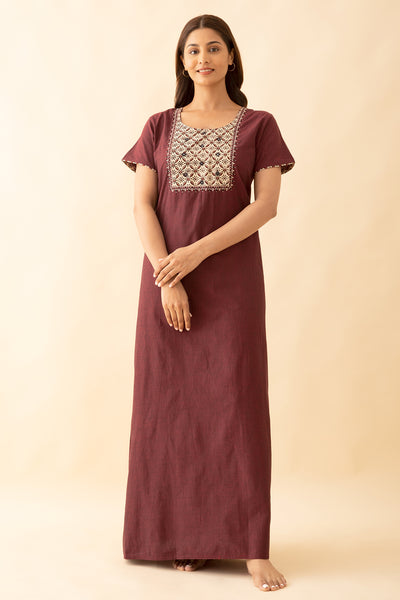 Floral Embroidered & Printed With Foil Mirror Embellished Yoke Nighty - Maroon