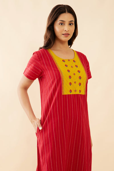 Allover Striped With Floral Embroidered Nighty - Red